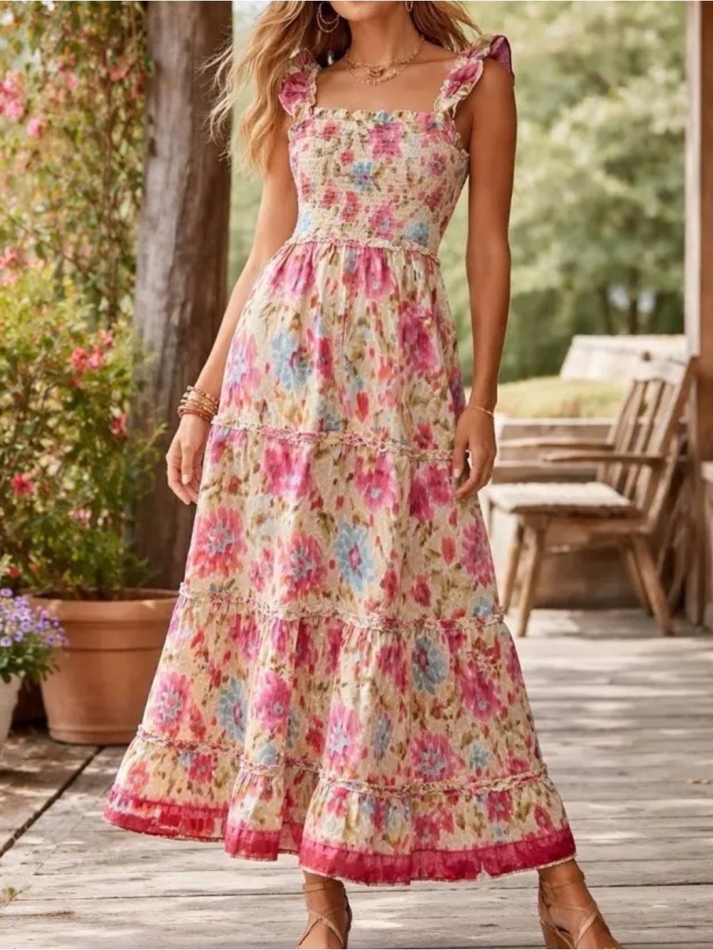 House of Harlow 1960 Floral Smocked Maxi Dress Ruffle Straps Tiered Boho Size M
